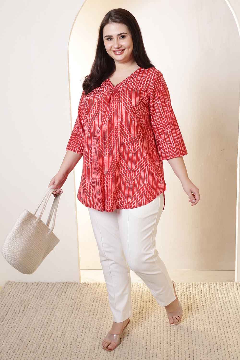 Buy Plus Size Bold Red & White Print V Neck Cotton Top