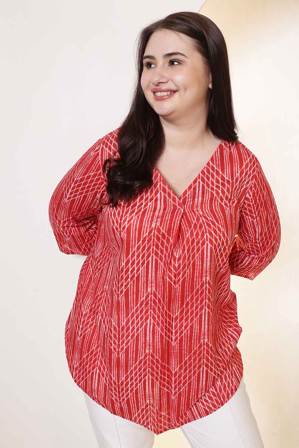 Plus Size Bold Red & White Print V Neck Cotton Top