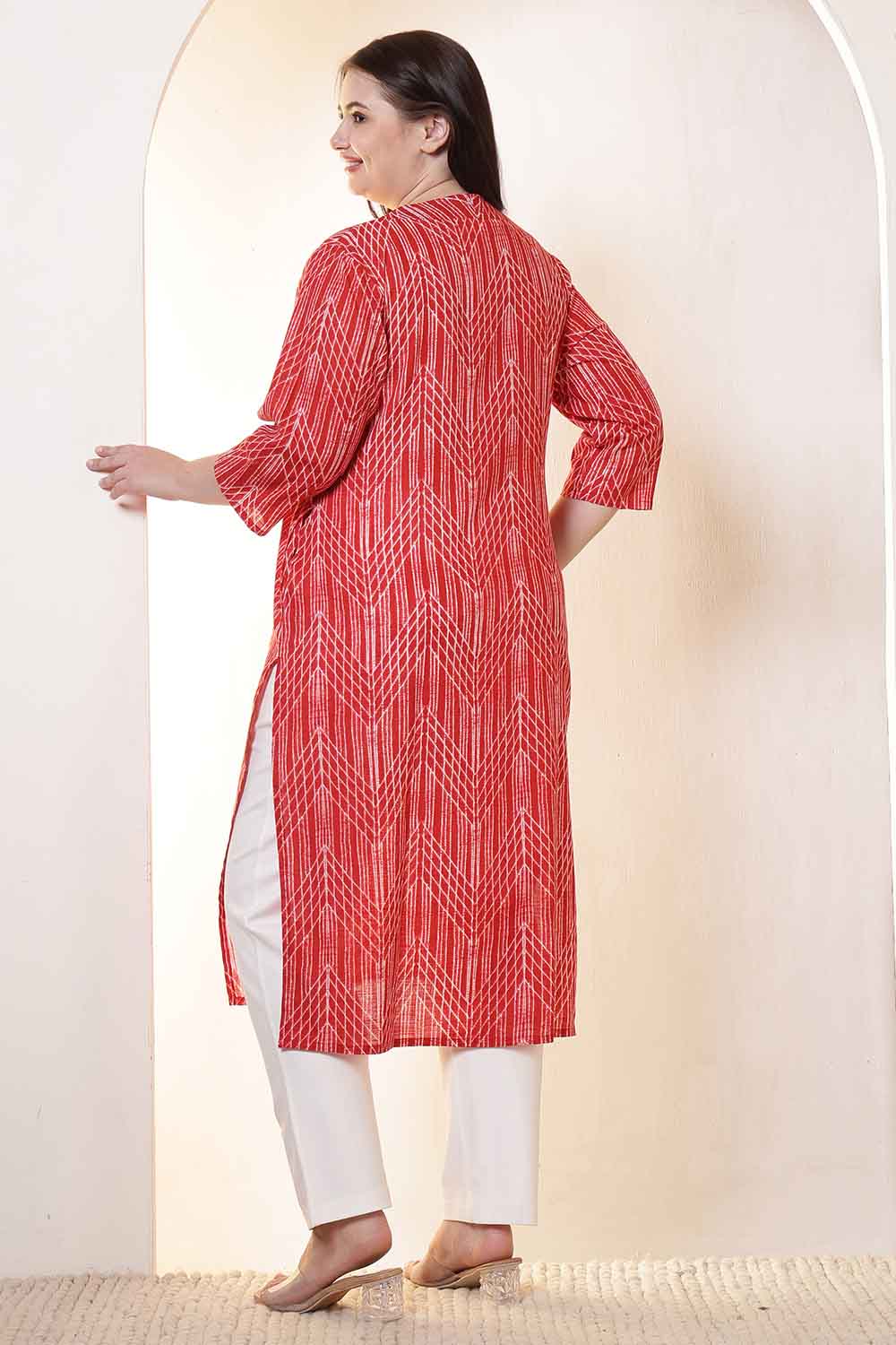 Plus Size Bold Red & White Print V Neck Cotton Kurta