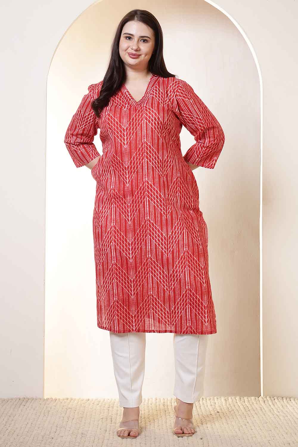 Plus Size Plus Size Bold Red & White Print V Neck Cotton Kurta