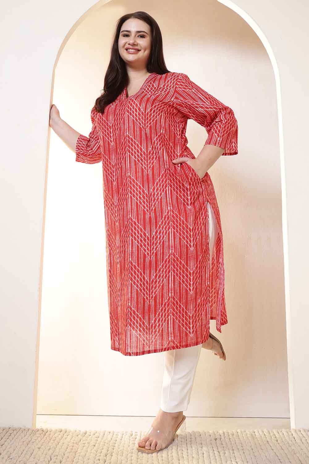 Plus Size Bold Red & White Print V Neck Cotton Kurta for Women