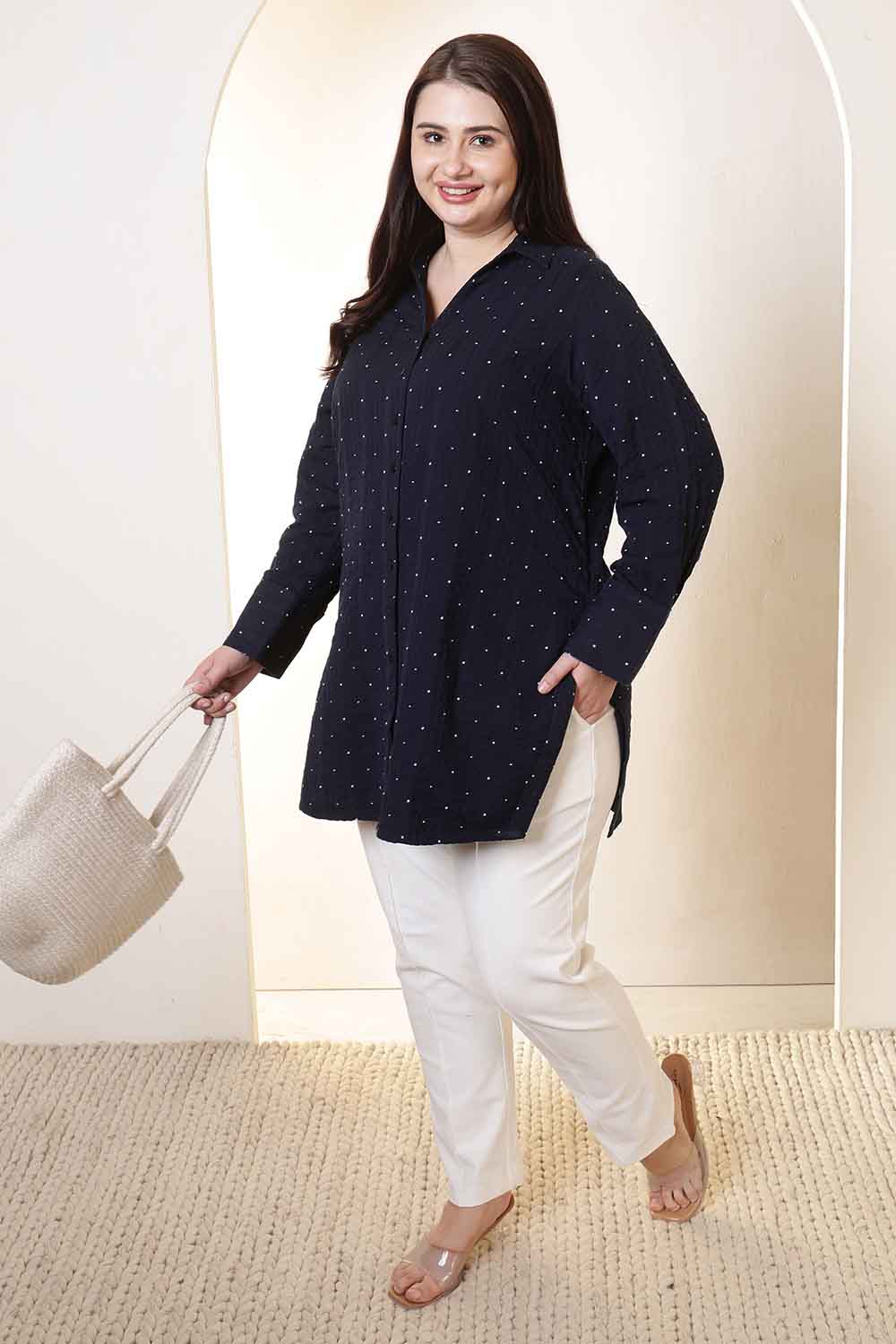 Plus Size Navy Blue Dobby Weave High Slit Styled Cuff Cotton Shirt