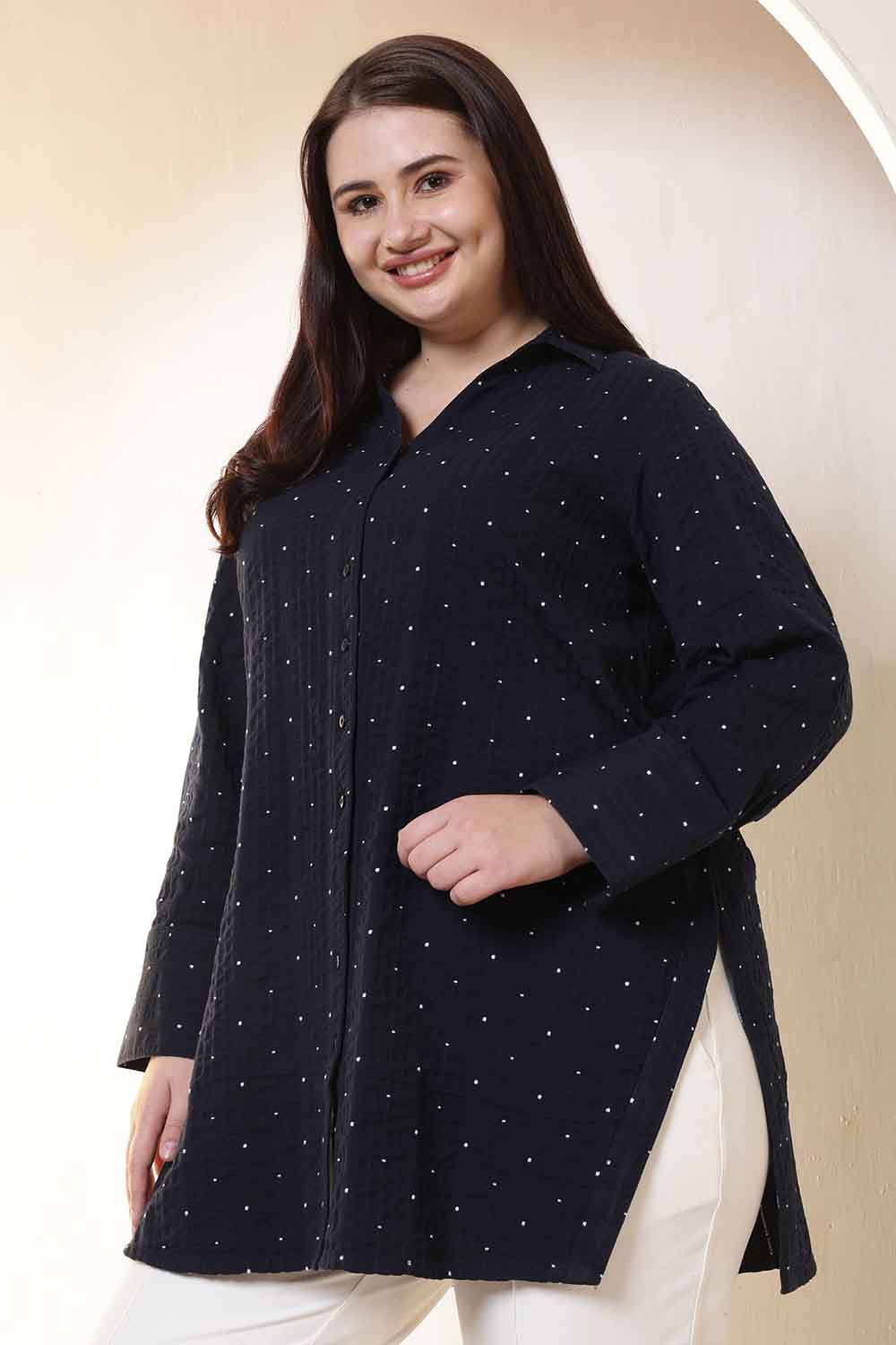Plus Size Navy Blue Dobby Weave High Slit Styled Cuff Cotton Shirt