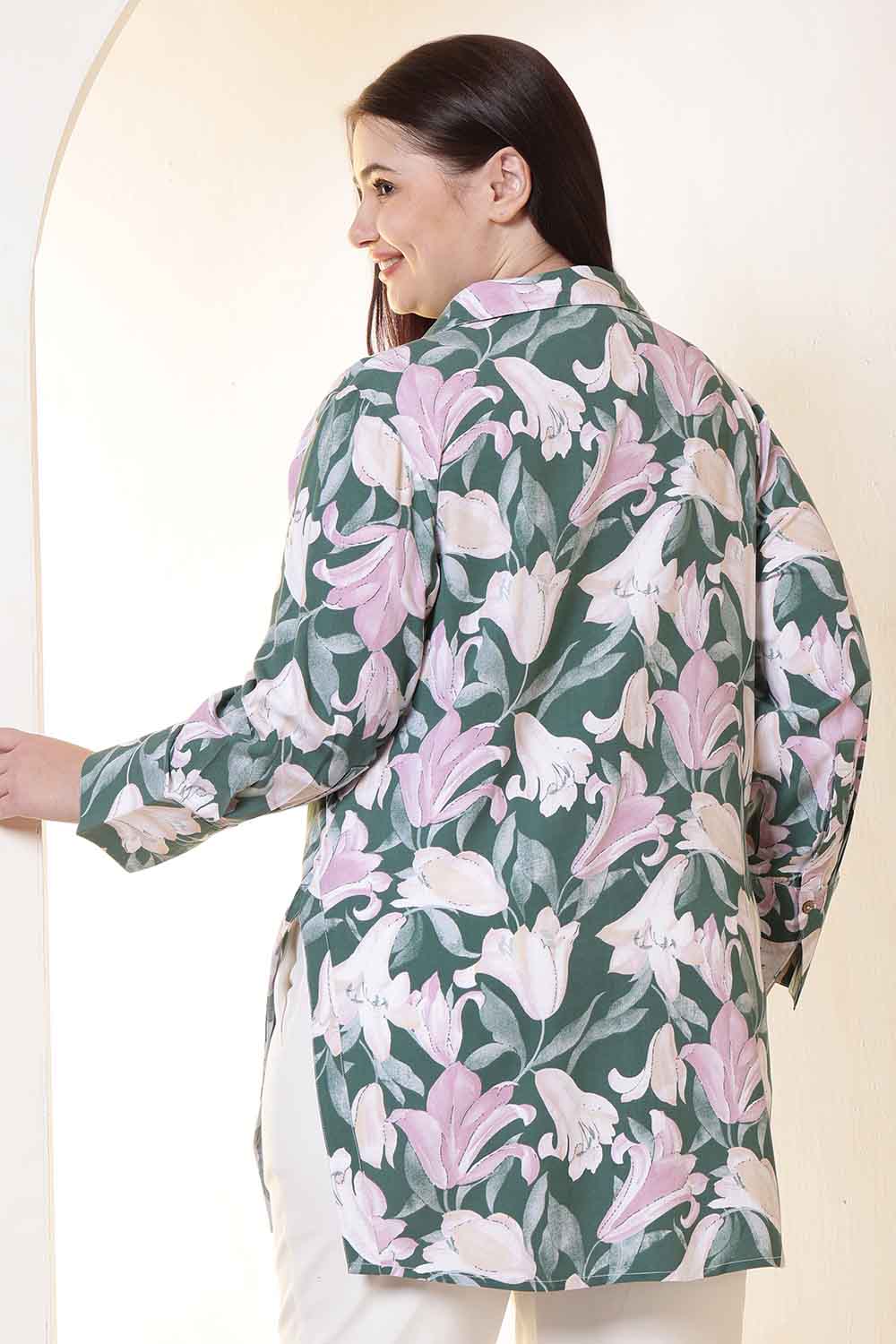 Plus Size Green & Pink Flower Print High Slit Styled Cuff Rayon Shirt