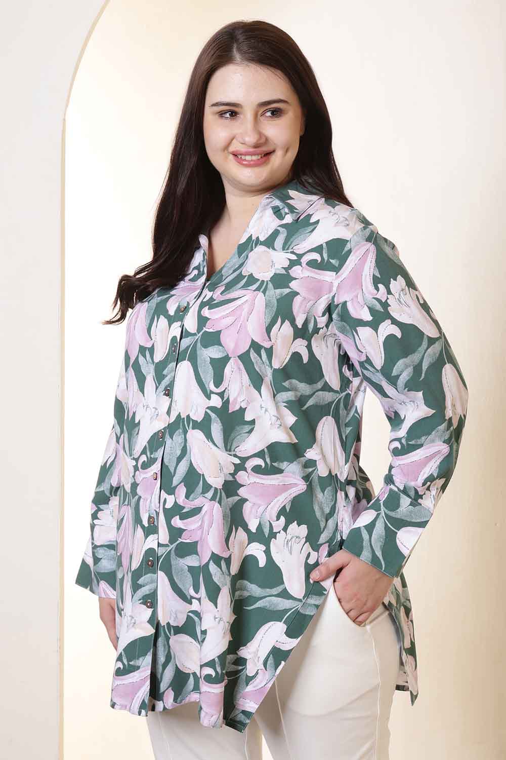Plus Size Plus Size Green & Pink Flower Print High Slit Styled Cuff Rayon Shirt