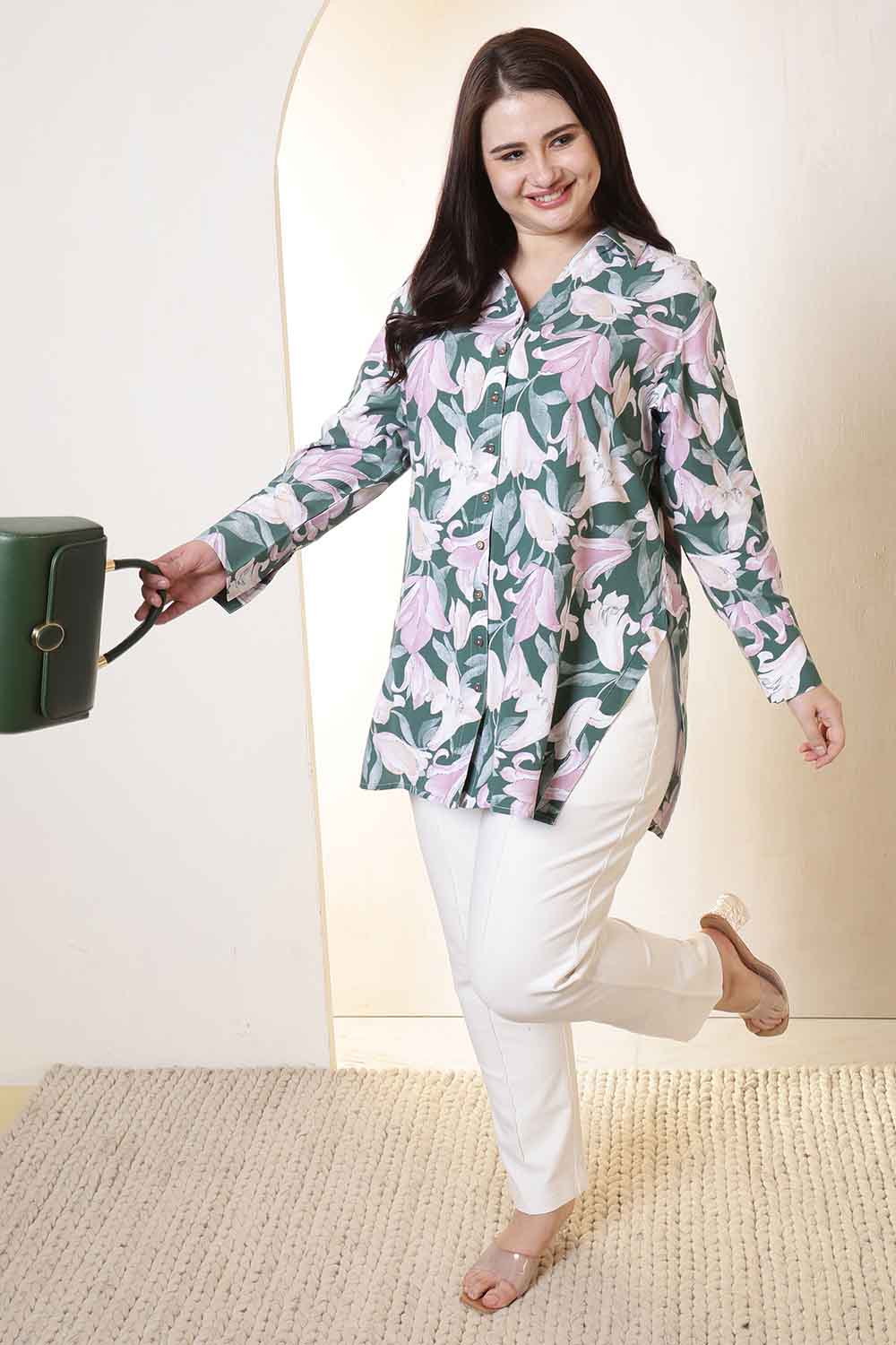 Plus Size Green & Pink Flower Print High Slit Styled Cuff Rayon Shirt