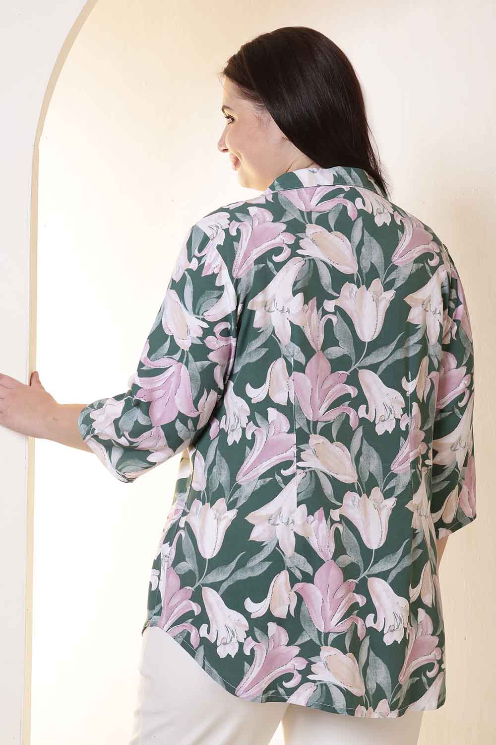 Plus Size Green & Pink Flower Print Cuban Collar Rayon Shirt