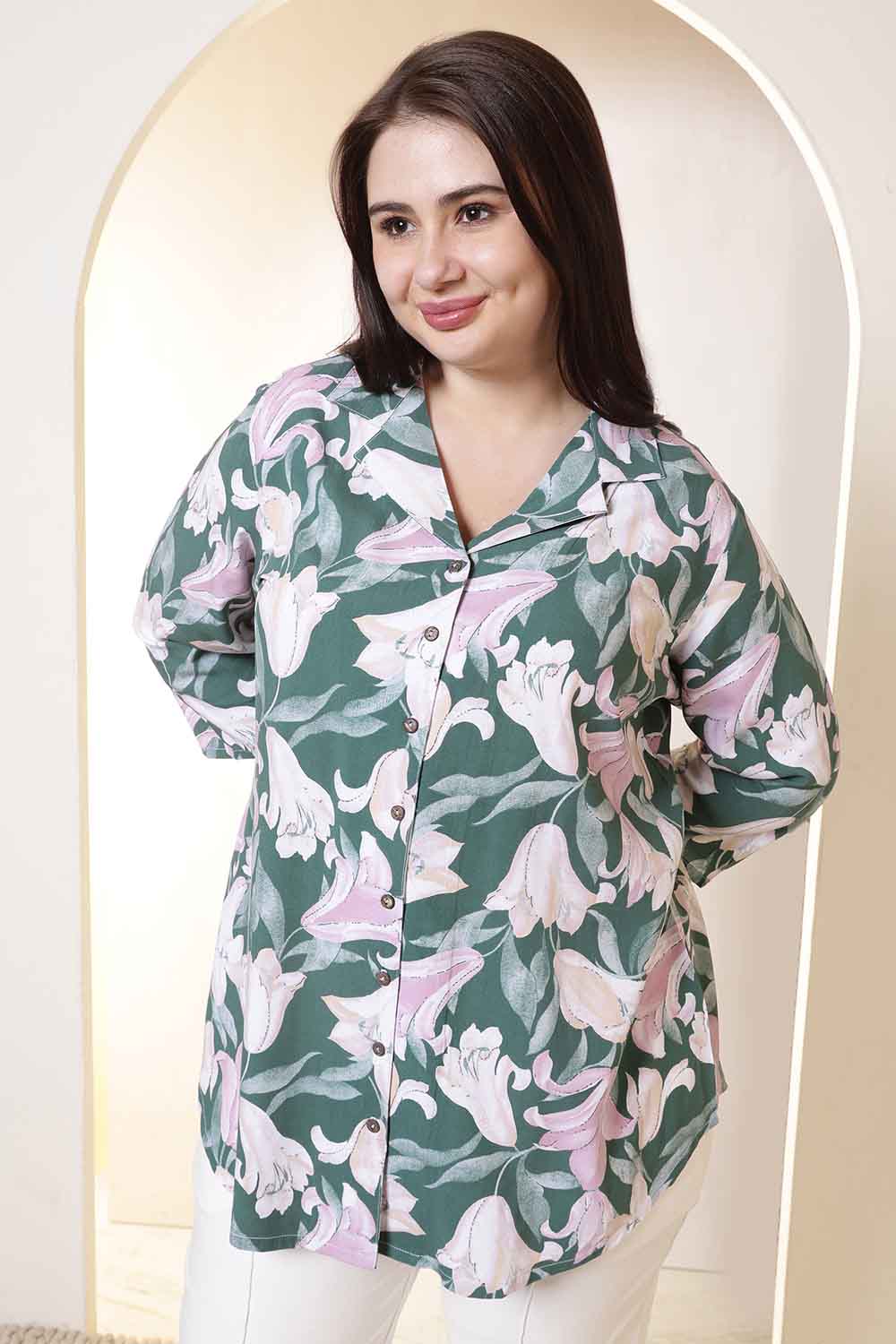 Plus Size Green & Pink Flower Print Cuban Collar Rayon Shirt for Women