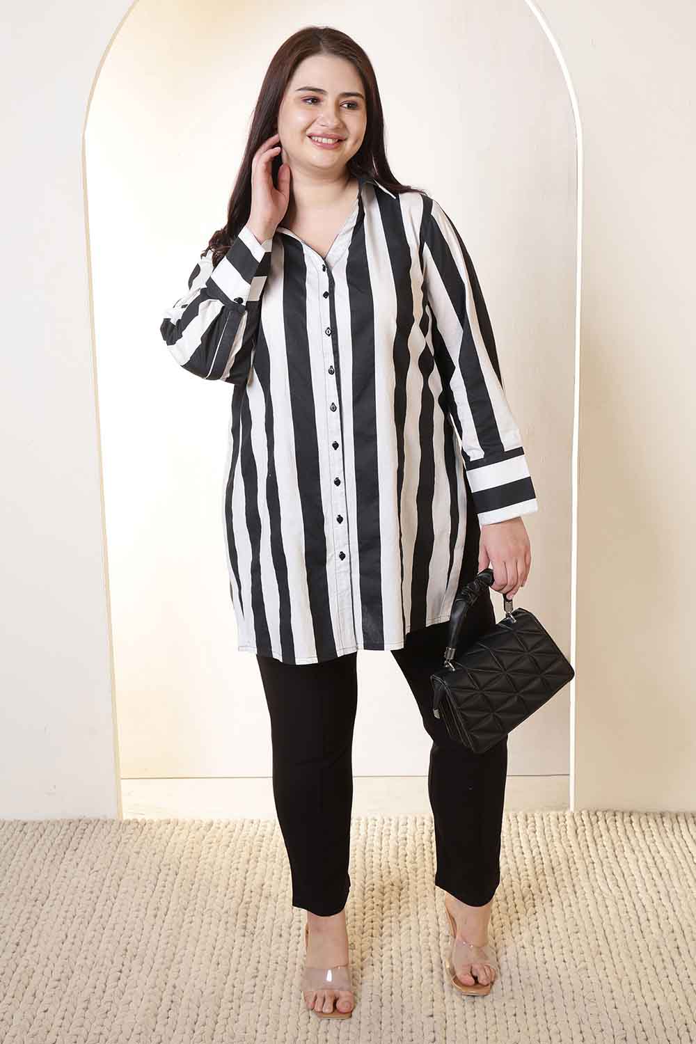 Plus Size Bold Stripe High Slit Styled Cuff Cotton Shirt