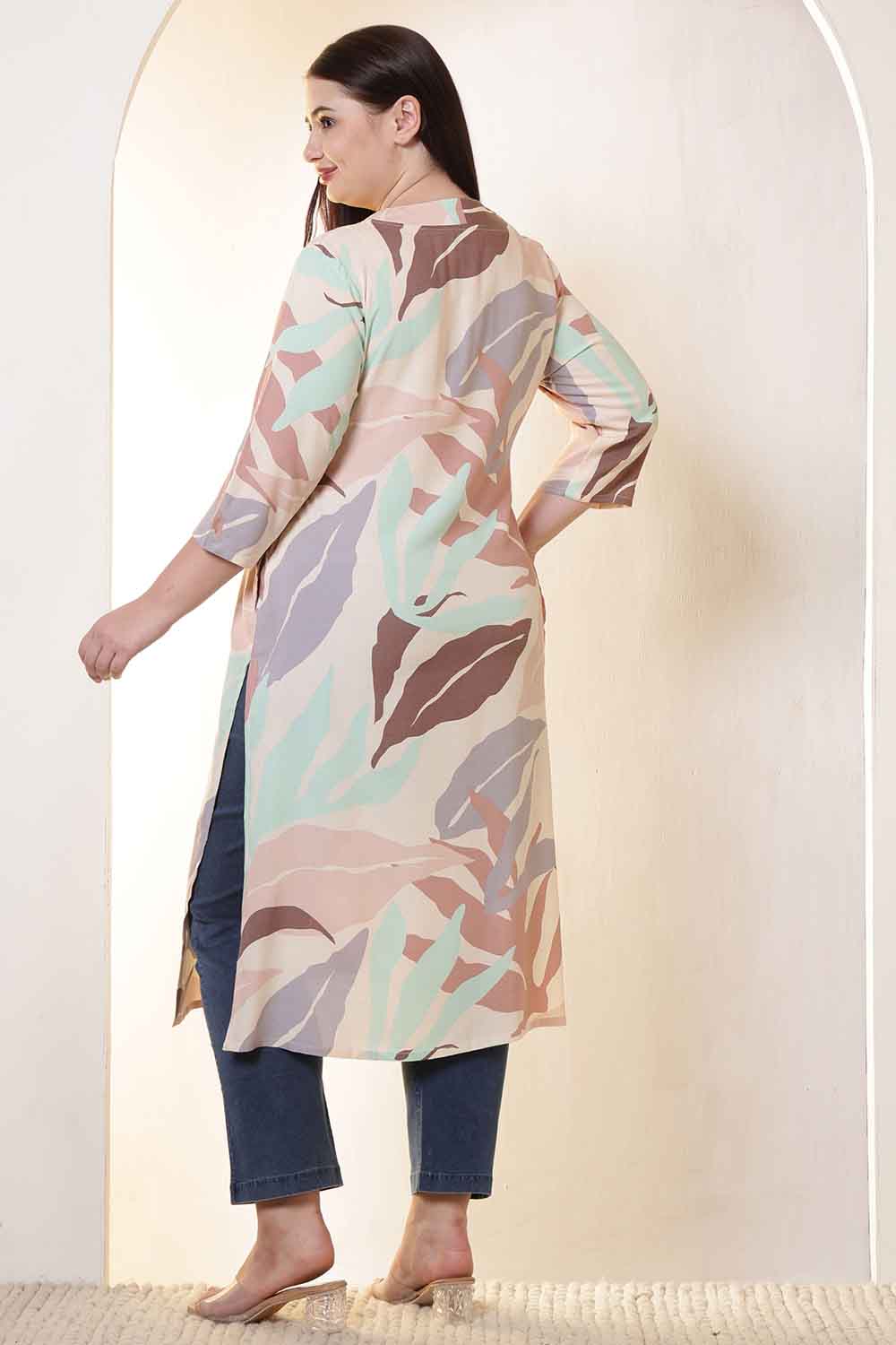 Plus Size Multi-Color Abstract Print V-Neck Rayon Kurta
