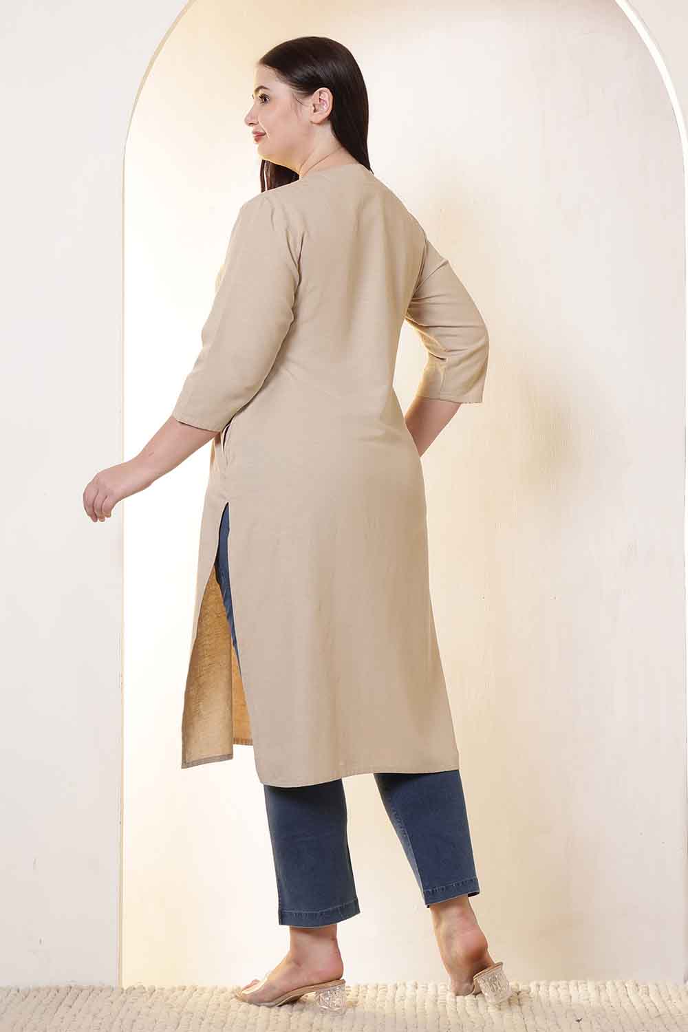 Plus Size Beige V-Neck Cotton Linen V Neck Kurta