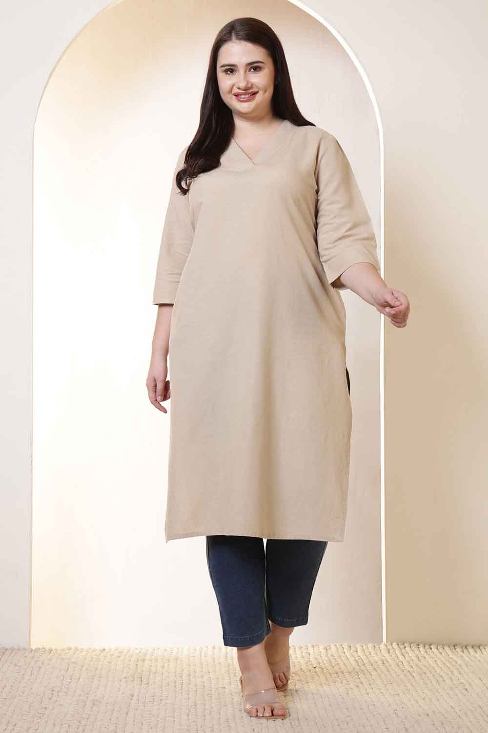 Plus Size Plus Size Beige V-Neck Cotton Linen V Neck Kurta