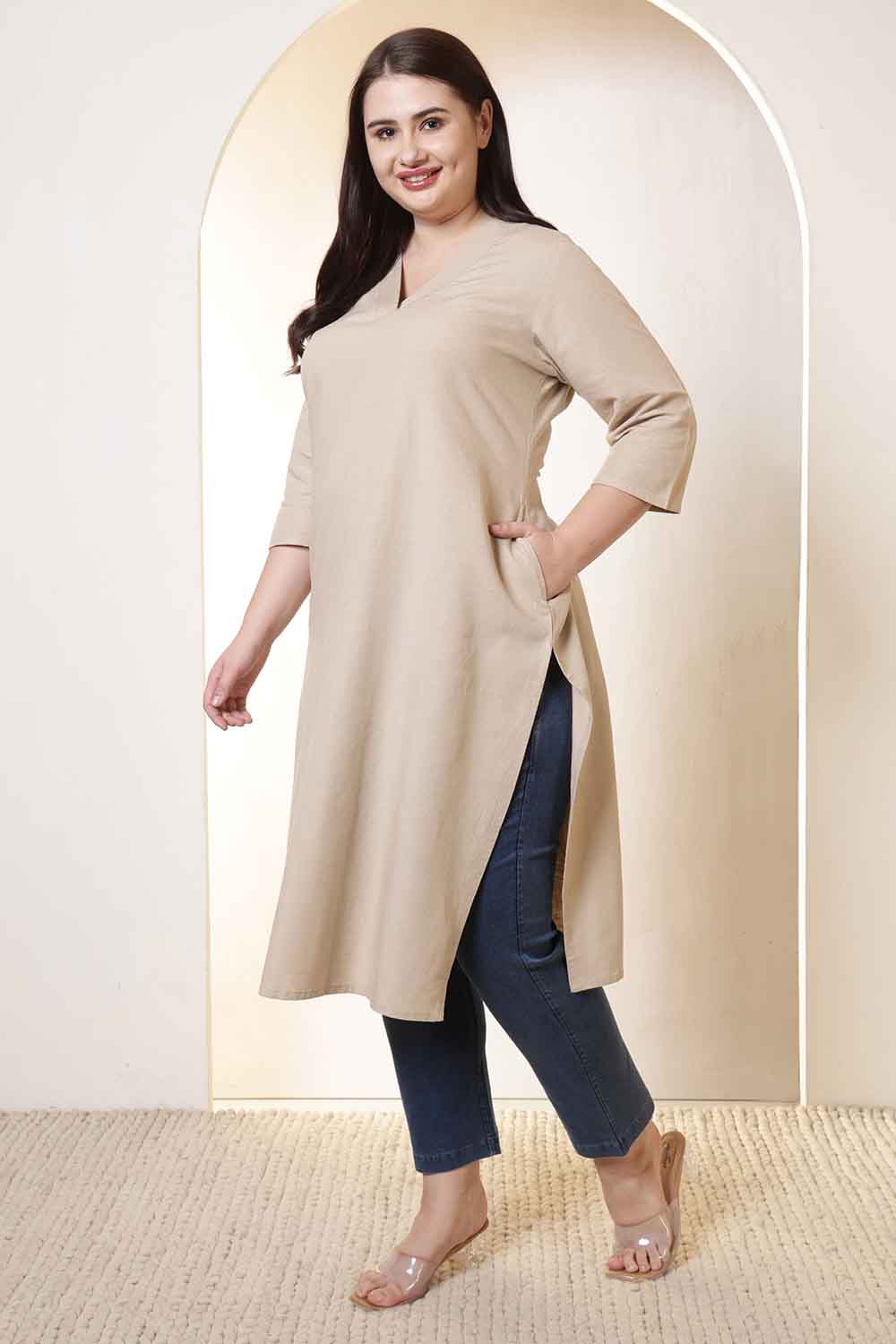 Plus Size Beige V-Neck Cotton Linen V Neck Kurta for Women