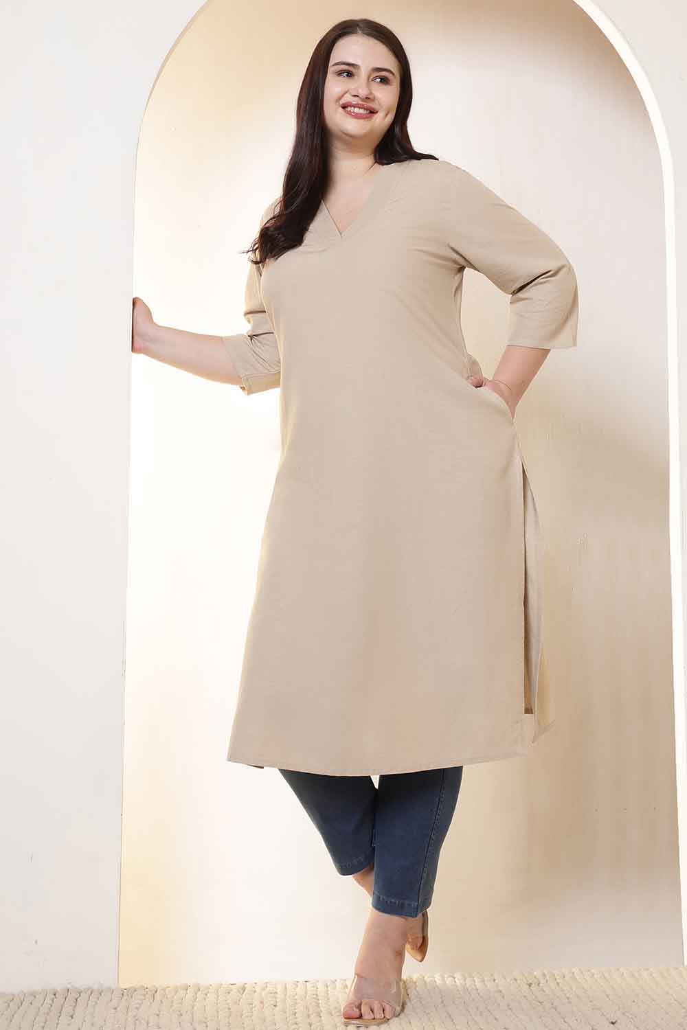 Comfortable Plus Size Beige V-Neck Cotton Linen V Neck Kurta