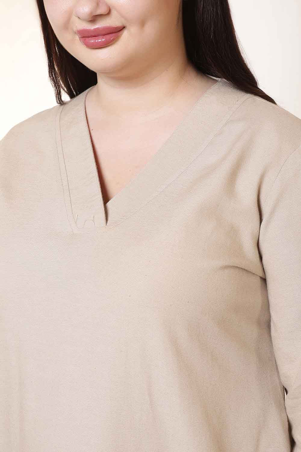 Plus Size Beige V-Neck Cotton Linen V Neck Kurta