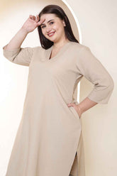 Plus Size Beige V-Neck Cotton Linen V Neck Kurta
