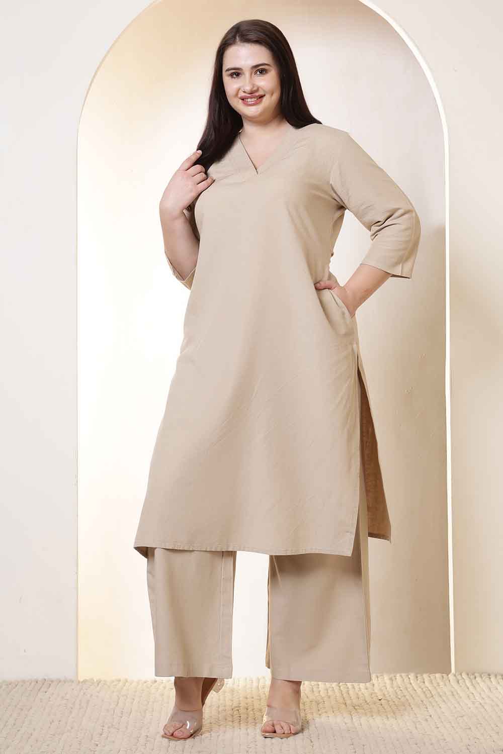 Plus Size Beige Cotton Linen Kurta Coord Set