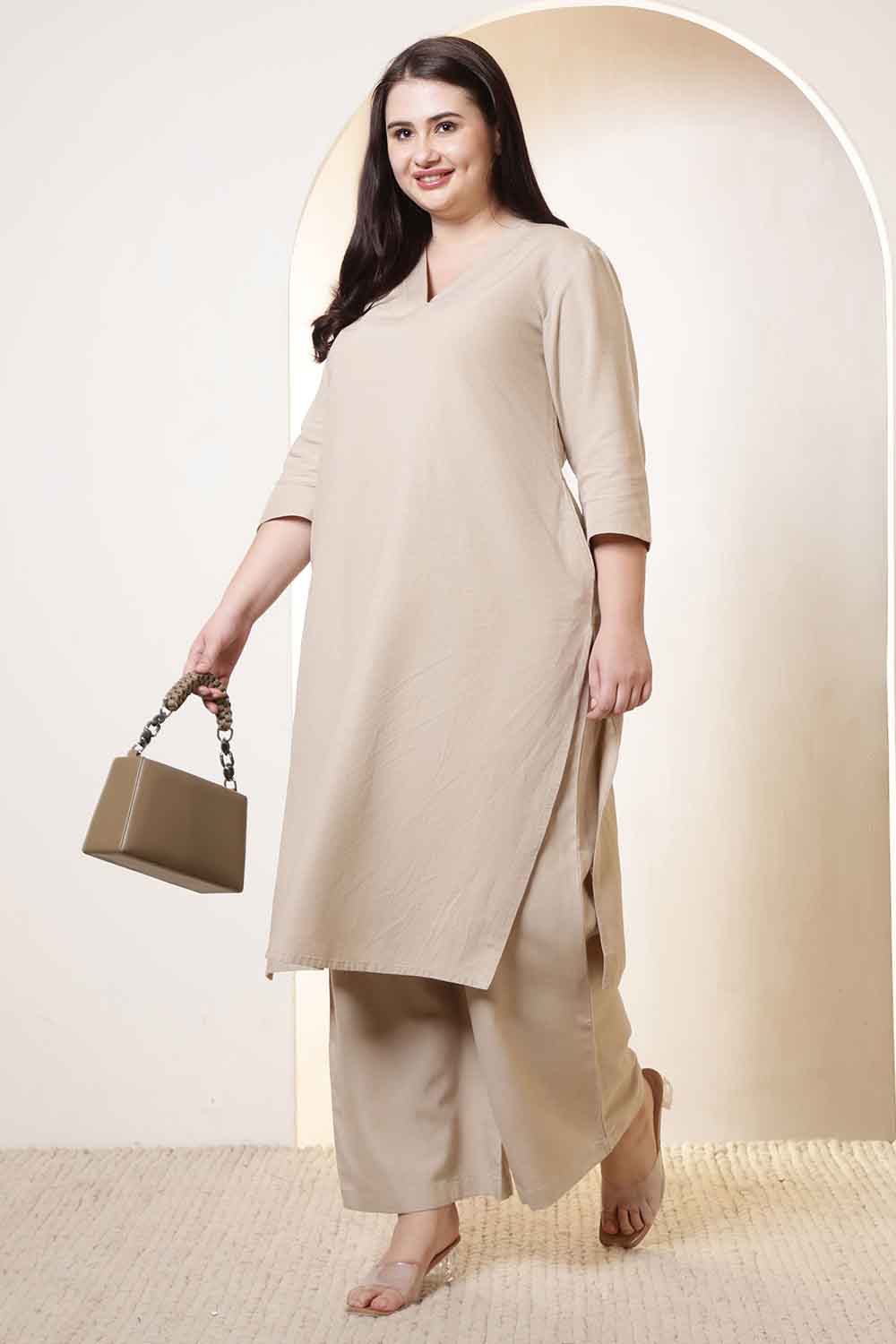 Plus Size Beige Cotton Linen Kurta Coord Set