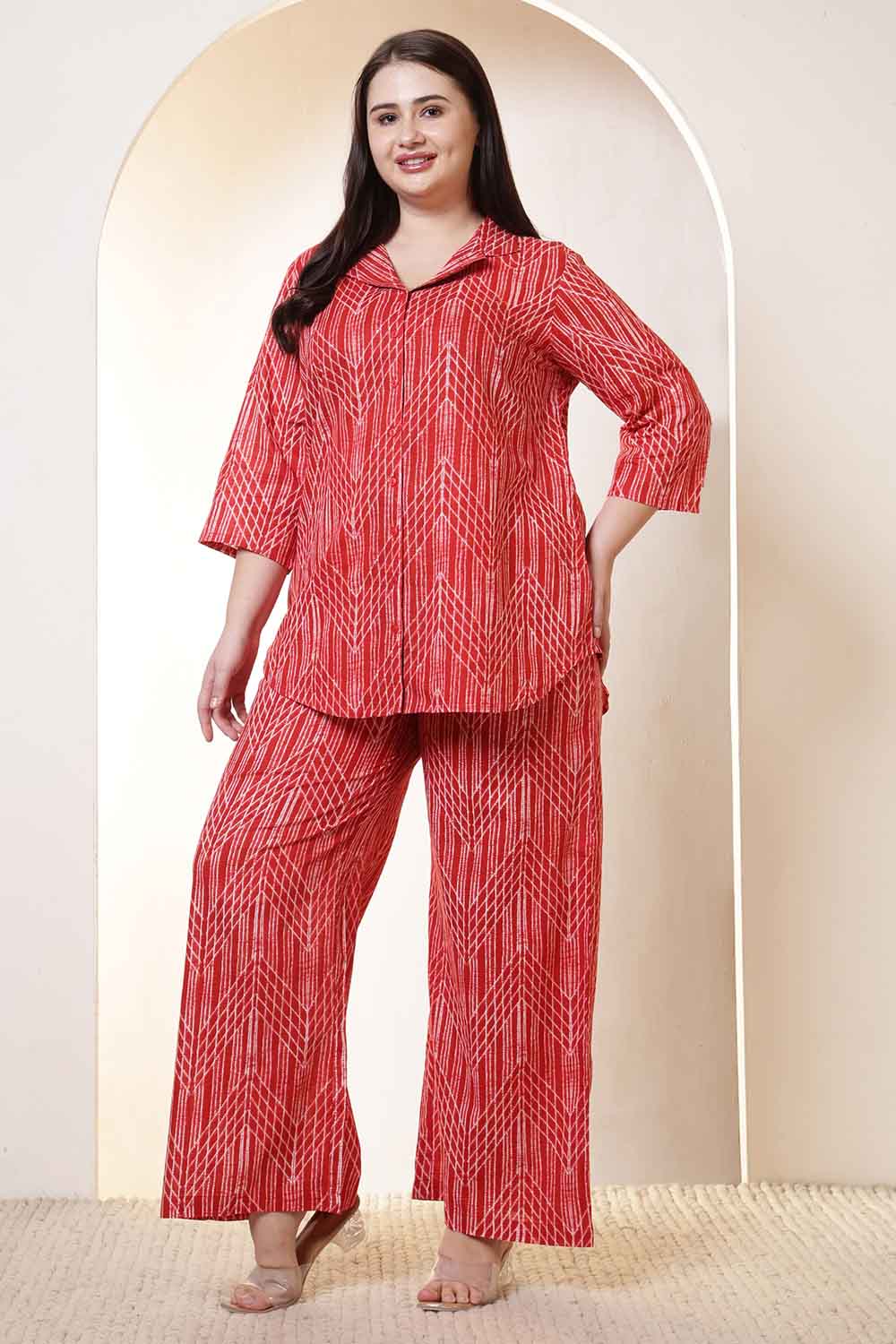 Plus Size Bold Red & White Print Cotton Shirt Coord Set for Women