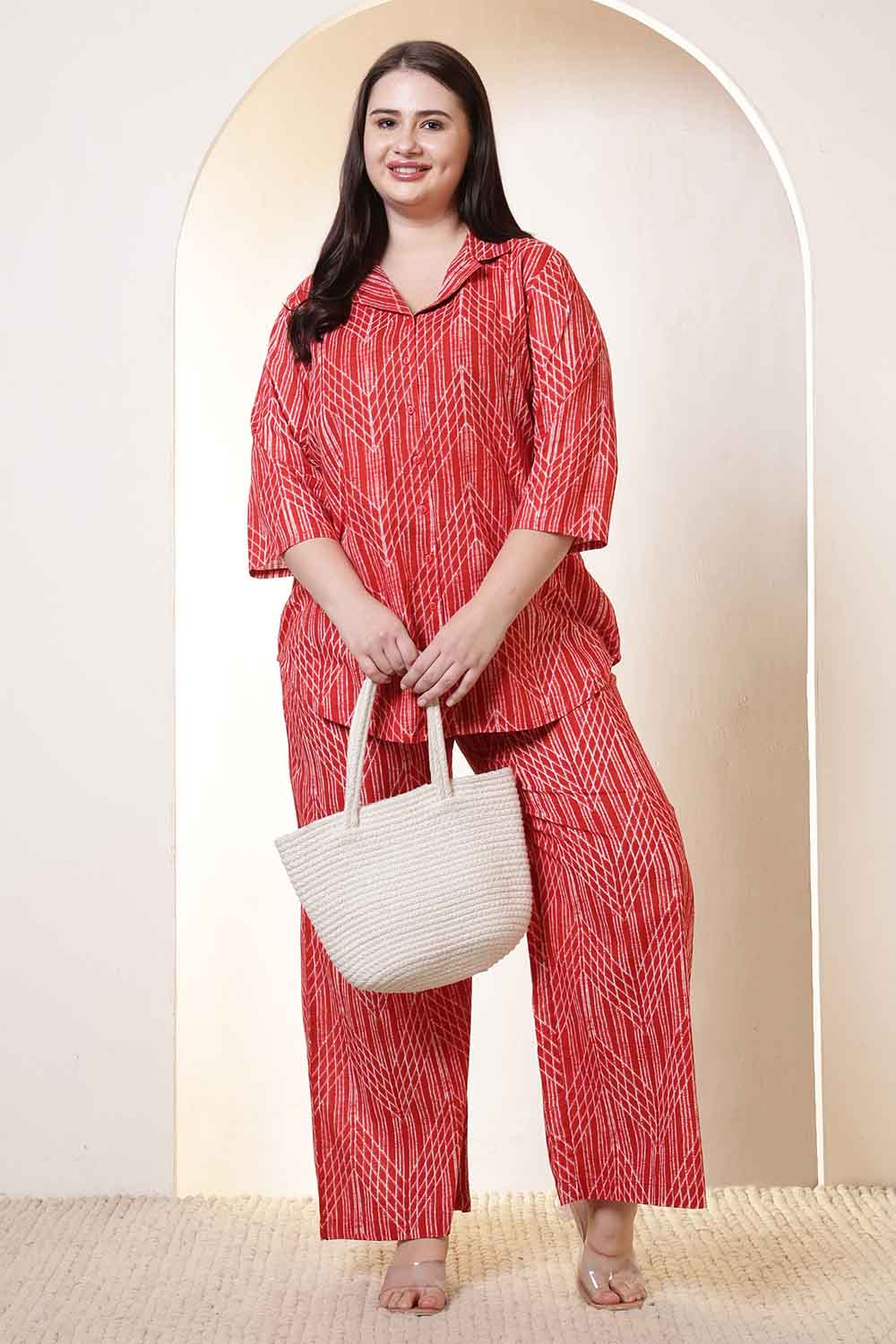 Plus Size Bold Red & White Print Cotton Shirt Coord Set