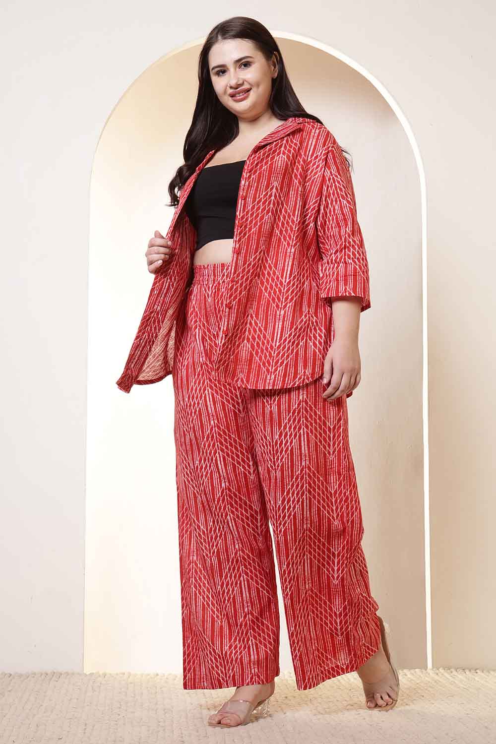 Plus Size Bold Red & White Print Cotton Shirt Coord Set