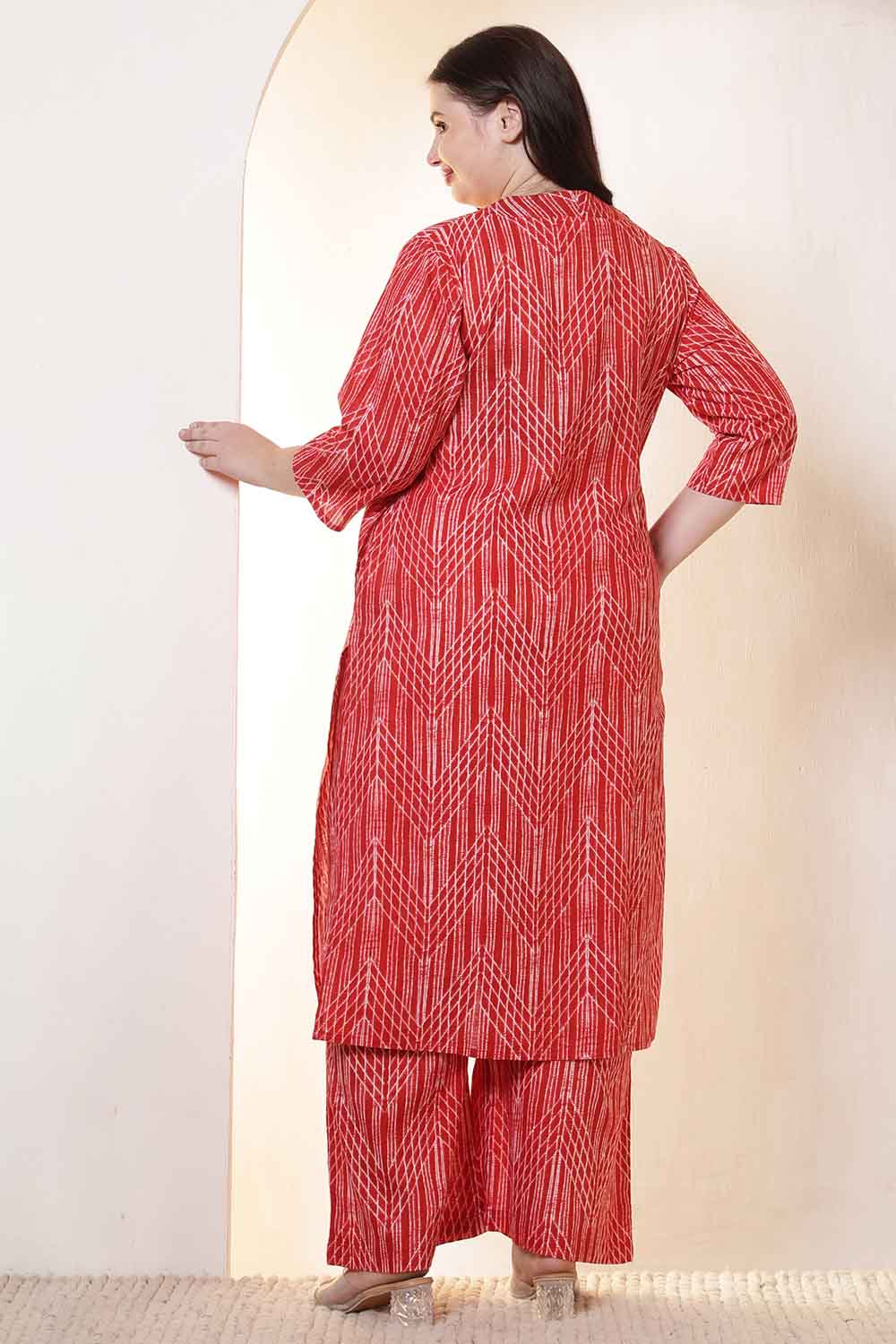 Comfortable Plus Size Bold Red & White Print Cotton Kurta Coord Set