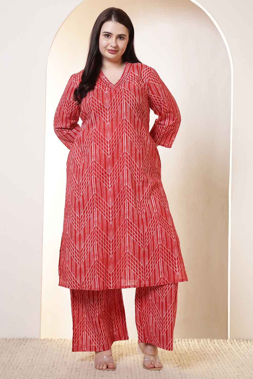 Plus Size Plus Size Bold Red & White Print Cotton Kurta Coord Set