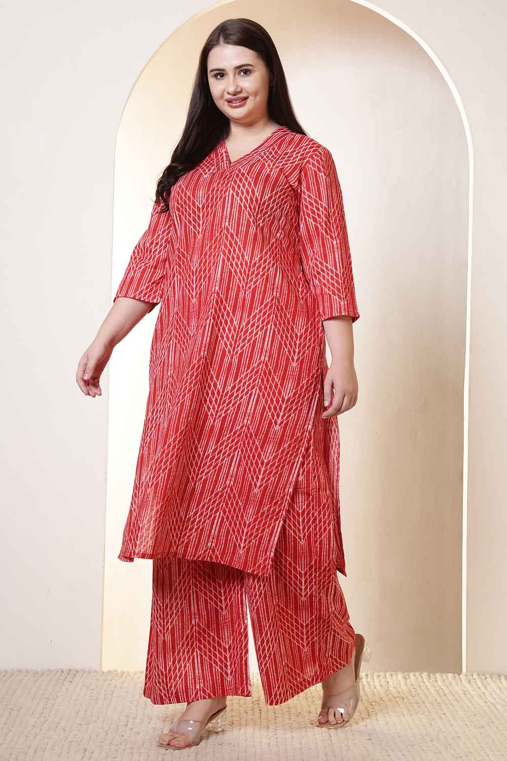 Plus Size Bold Red & White Print Cotton Kurta Coord Set for Women