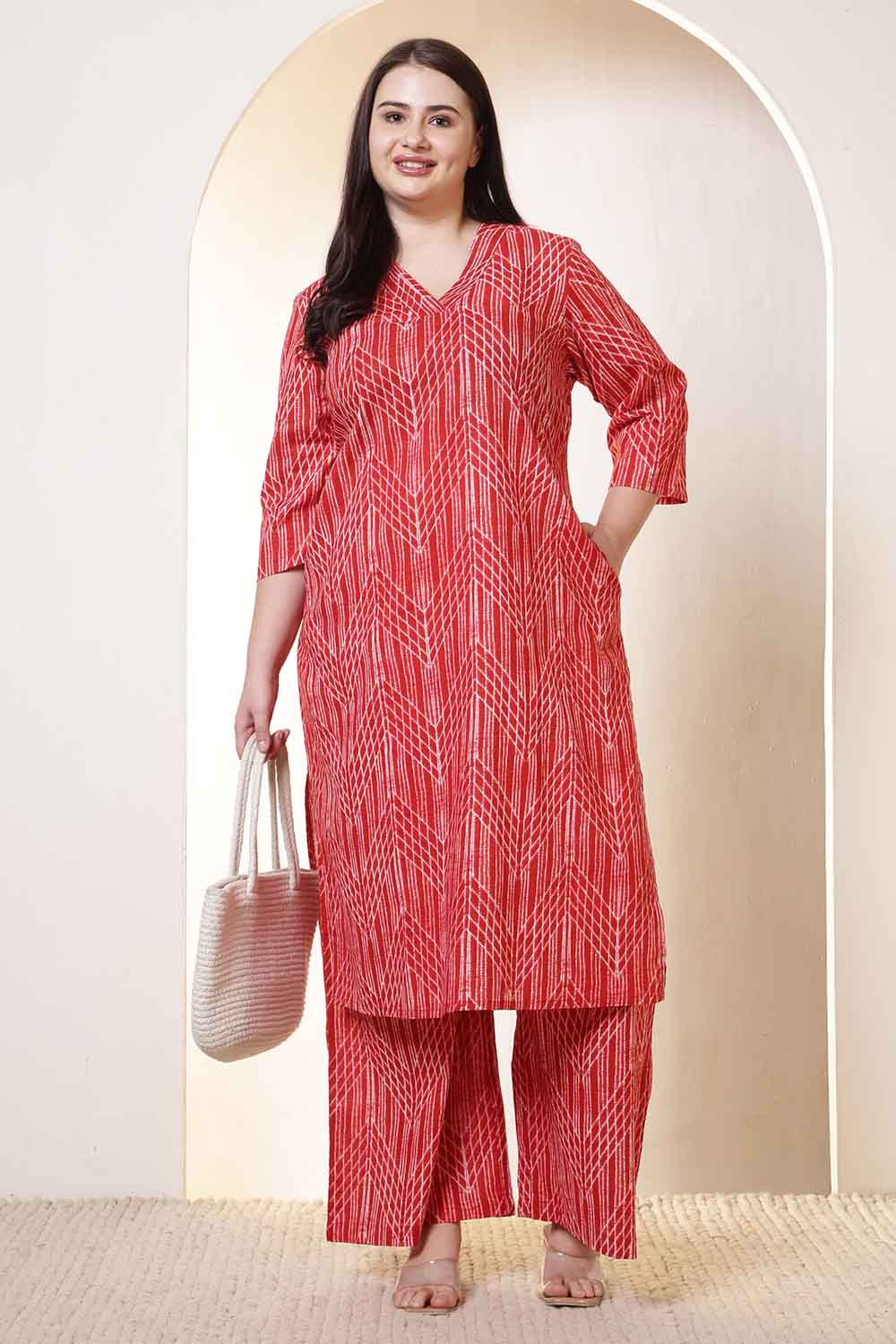 Plus Size Bold Red & White Print Cotton Kurta Coord Set