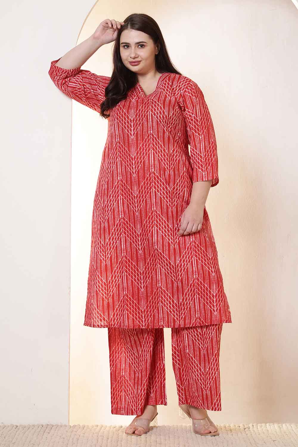 Plus Size Bold Red & White Print Cotton Kurta Coord Set