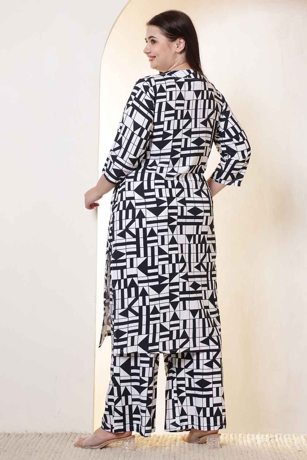 Plus Size Black & White Geometric Print Cotton Kurta Coord Set