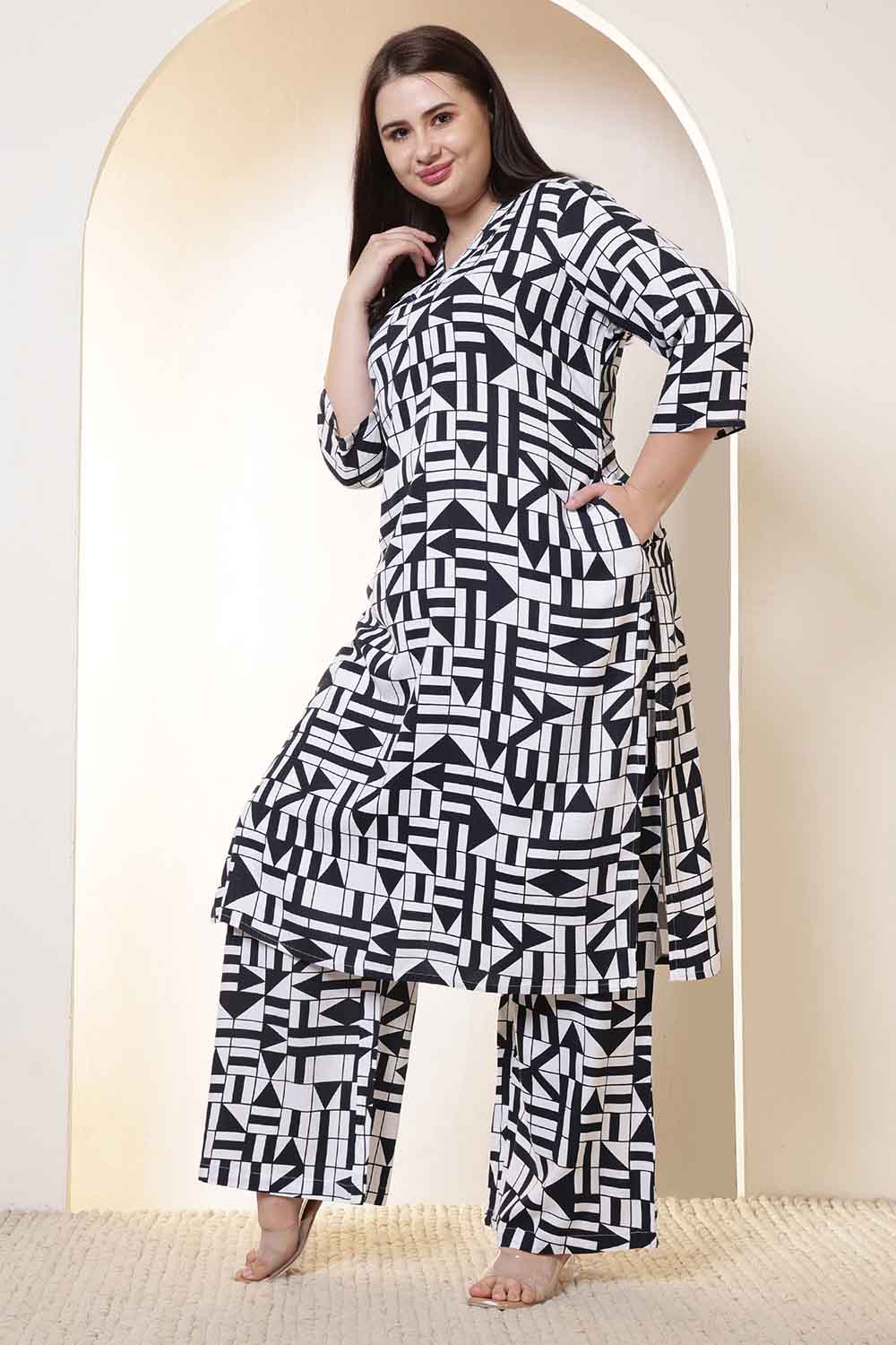 Plus Size Plus Size Black & White Geometric Print Cotton Kurta Coord Set