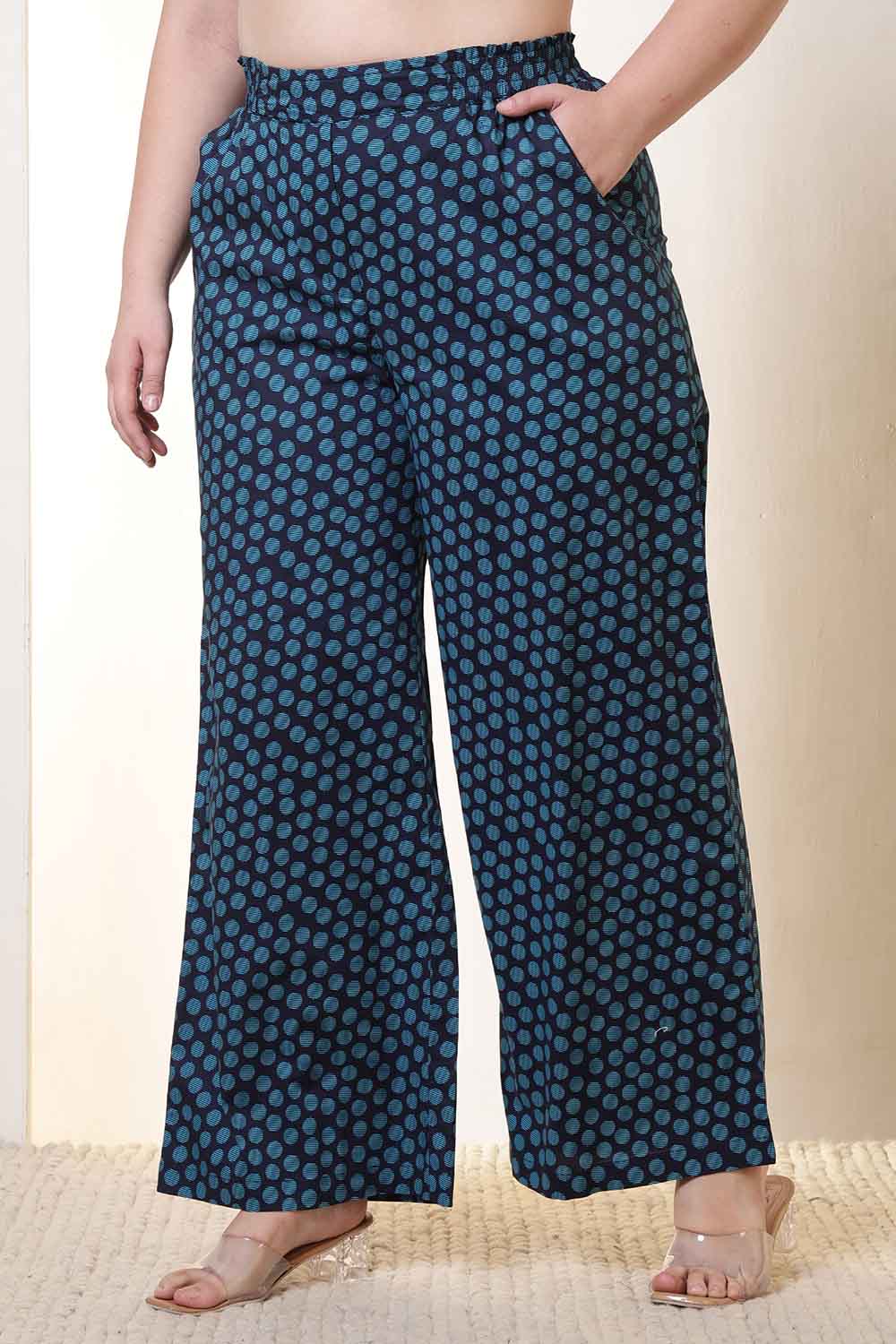 Plus Size Navy & Teal Polka Print Cotton High Waist Pant