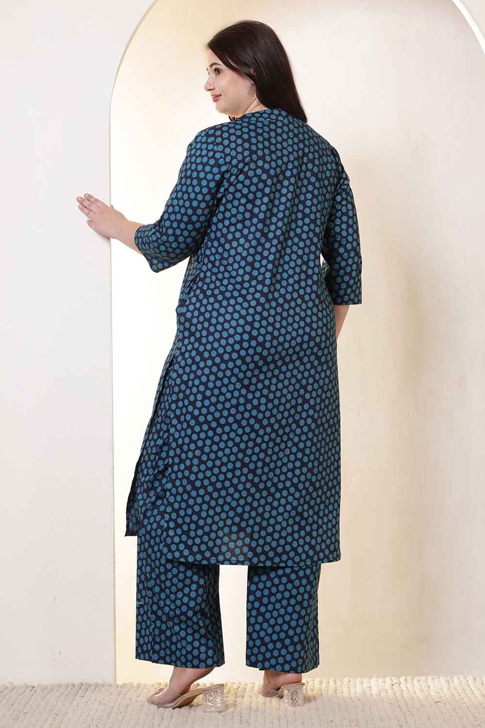 Plus Size Navy & Teal Polka Print Cotton Kurta Coord Set for Women