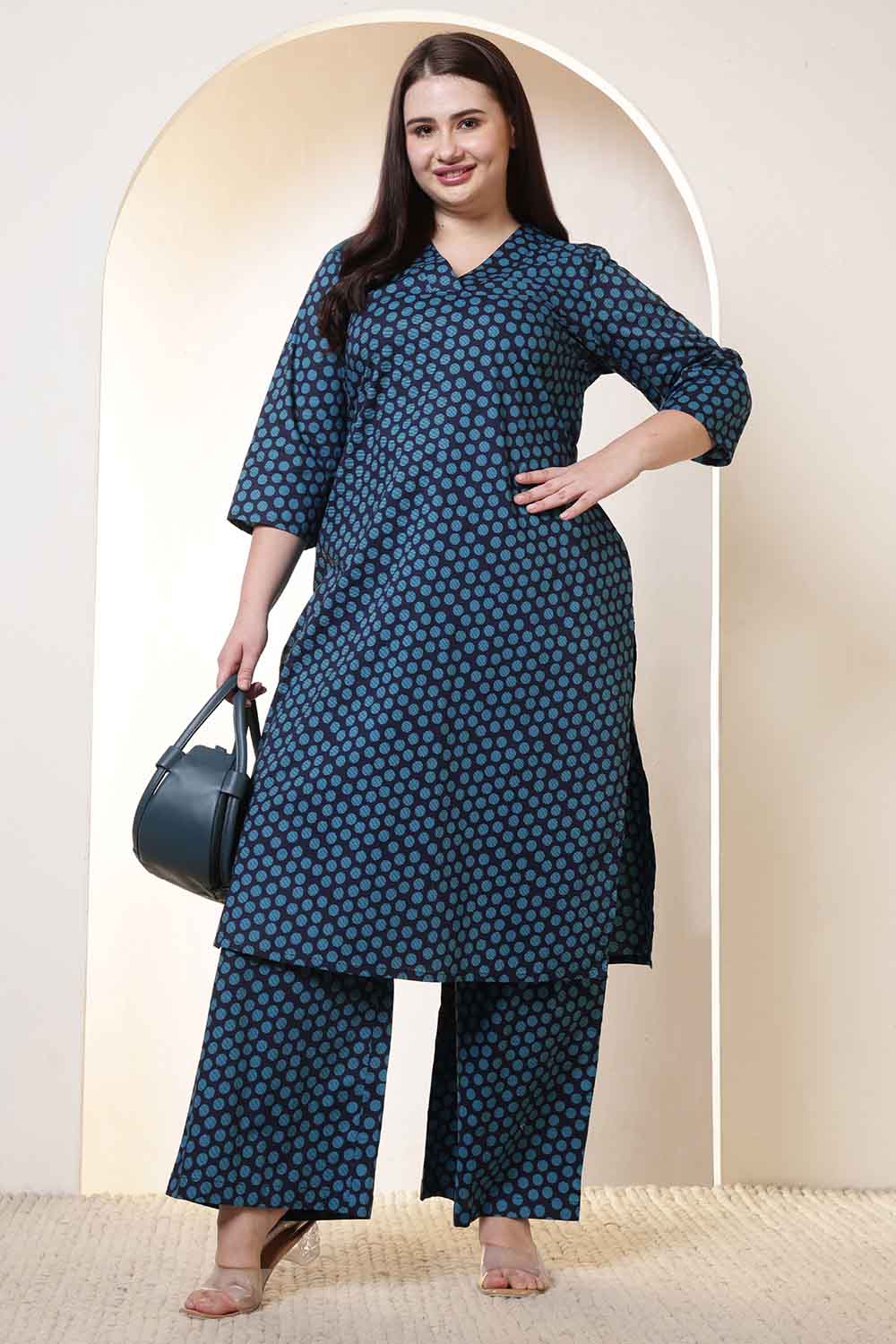 Plus Size Navy & Teal Polka Print Cotton Kurta Coord Set