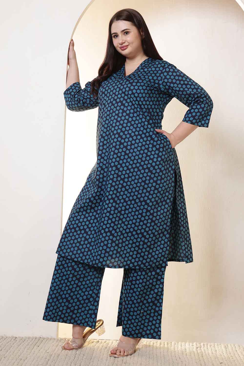 Plus Size Navy & Teal Polka Print Cotton Kurta Coord Set