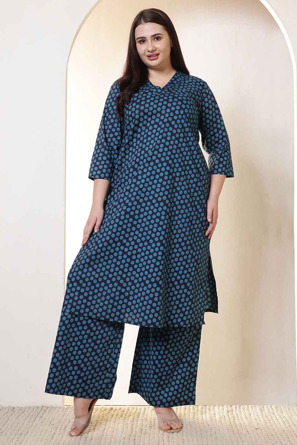 Plus Size Plus Size Navy & Teal Polka Print Cotton Kurta Coord Set