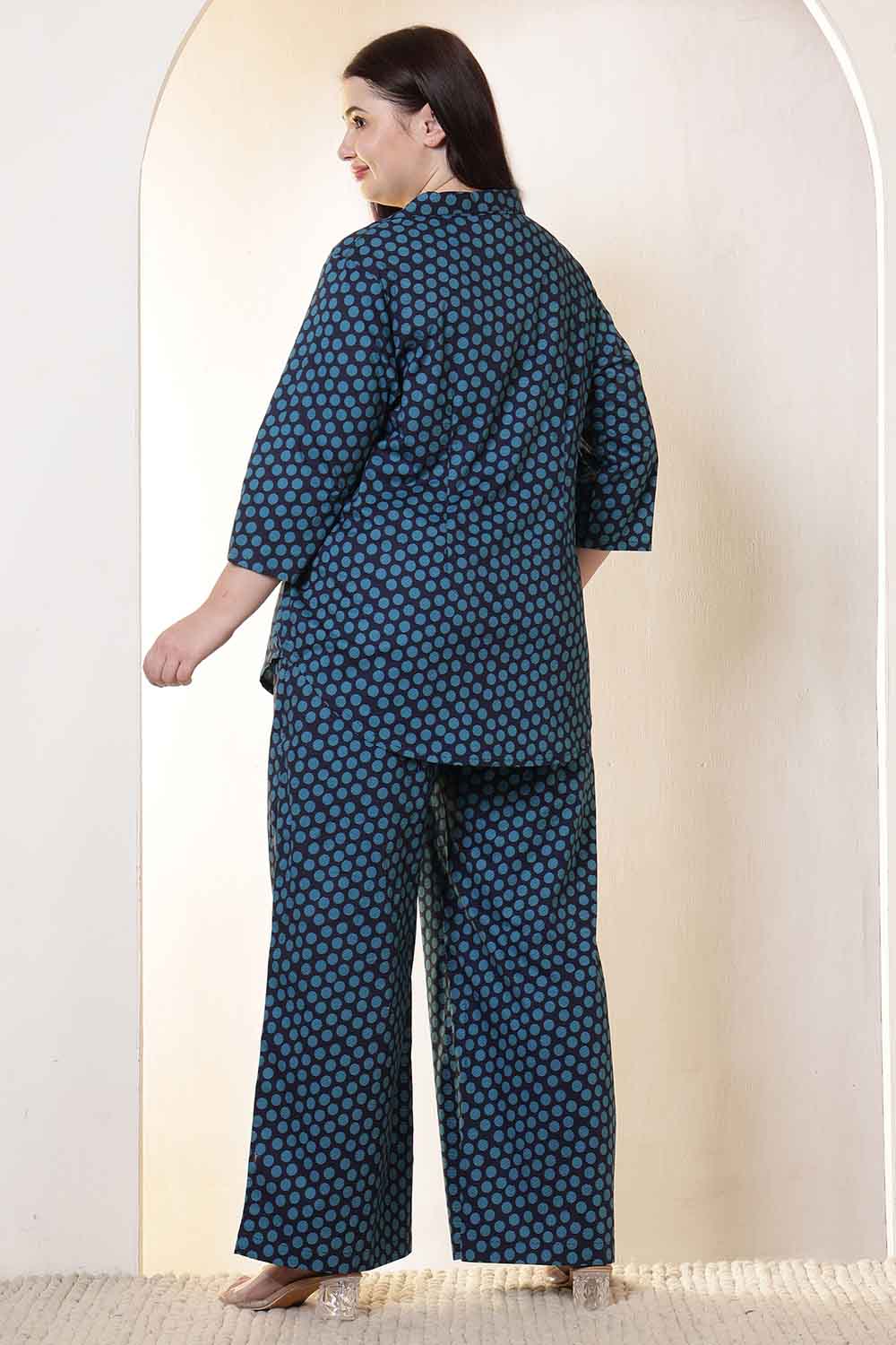 Comfortable Plus Size Navy & Teal Polka Print Cotton Shirt Coord Set