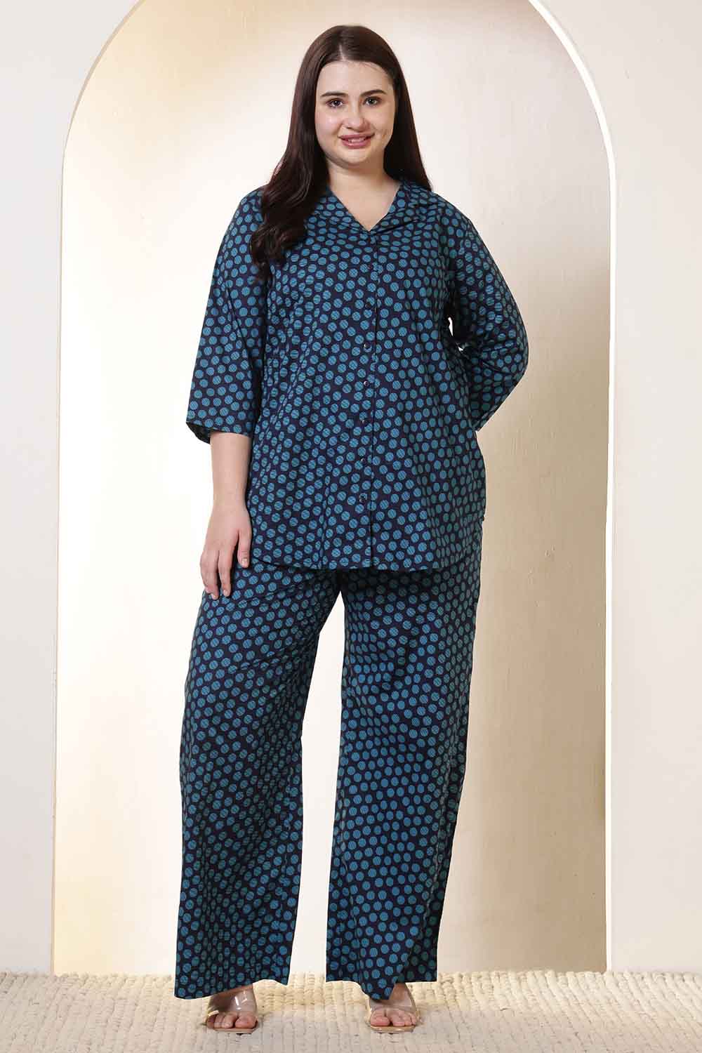 Plus Size Plus Size Navy & Teal Polka Print Cotton Shirt Coord Set