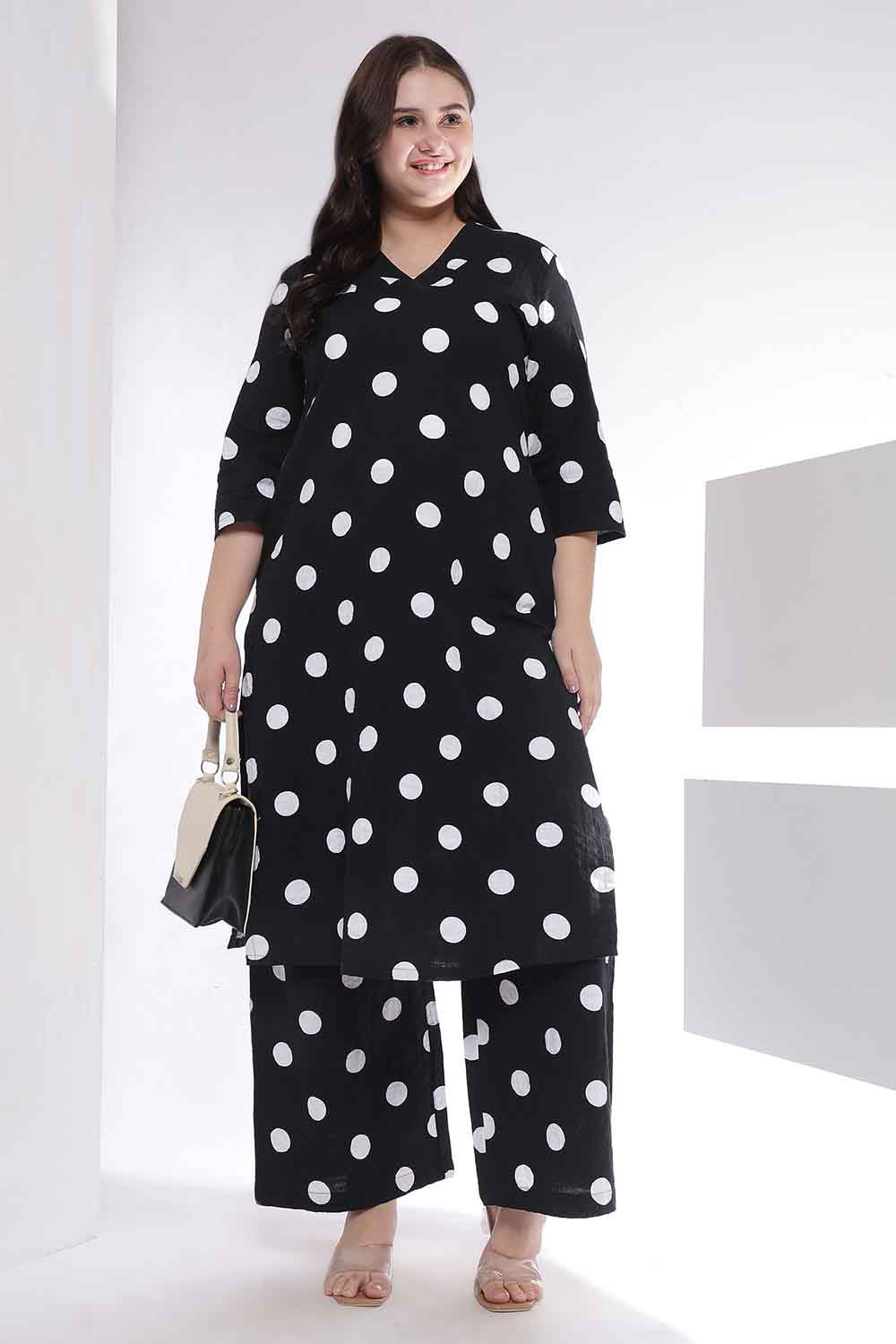 Plus Size Black Polka Print Kurta Coord Set