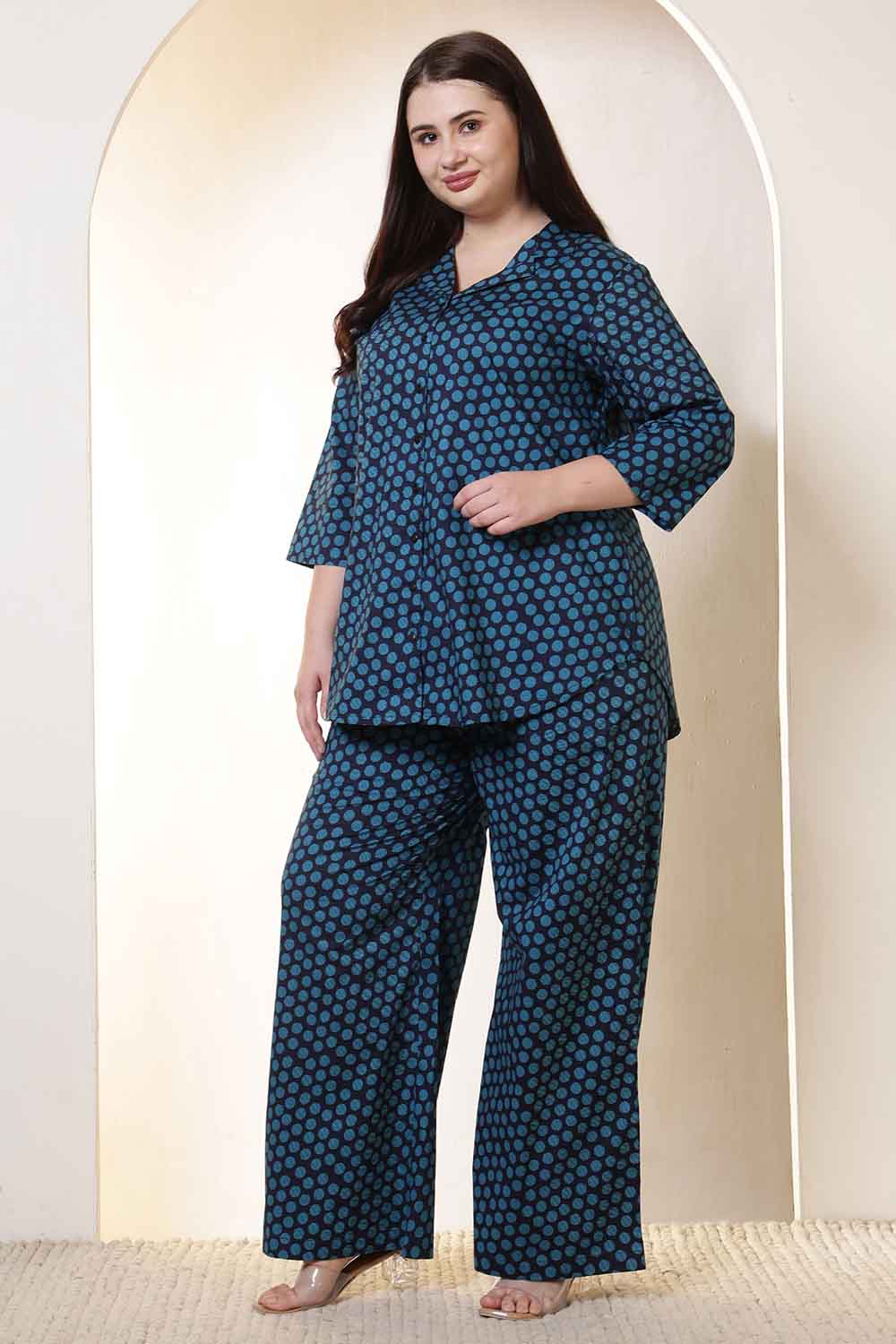 Plus Size Navy & Teal Polka Print Cotton Shirt Coord Set for Women