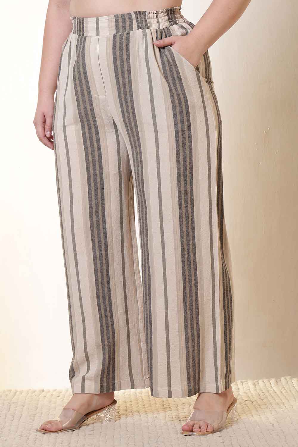 Plus Size Beige & Grey Striped Cotton Shirt Coord Set