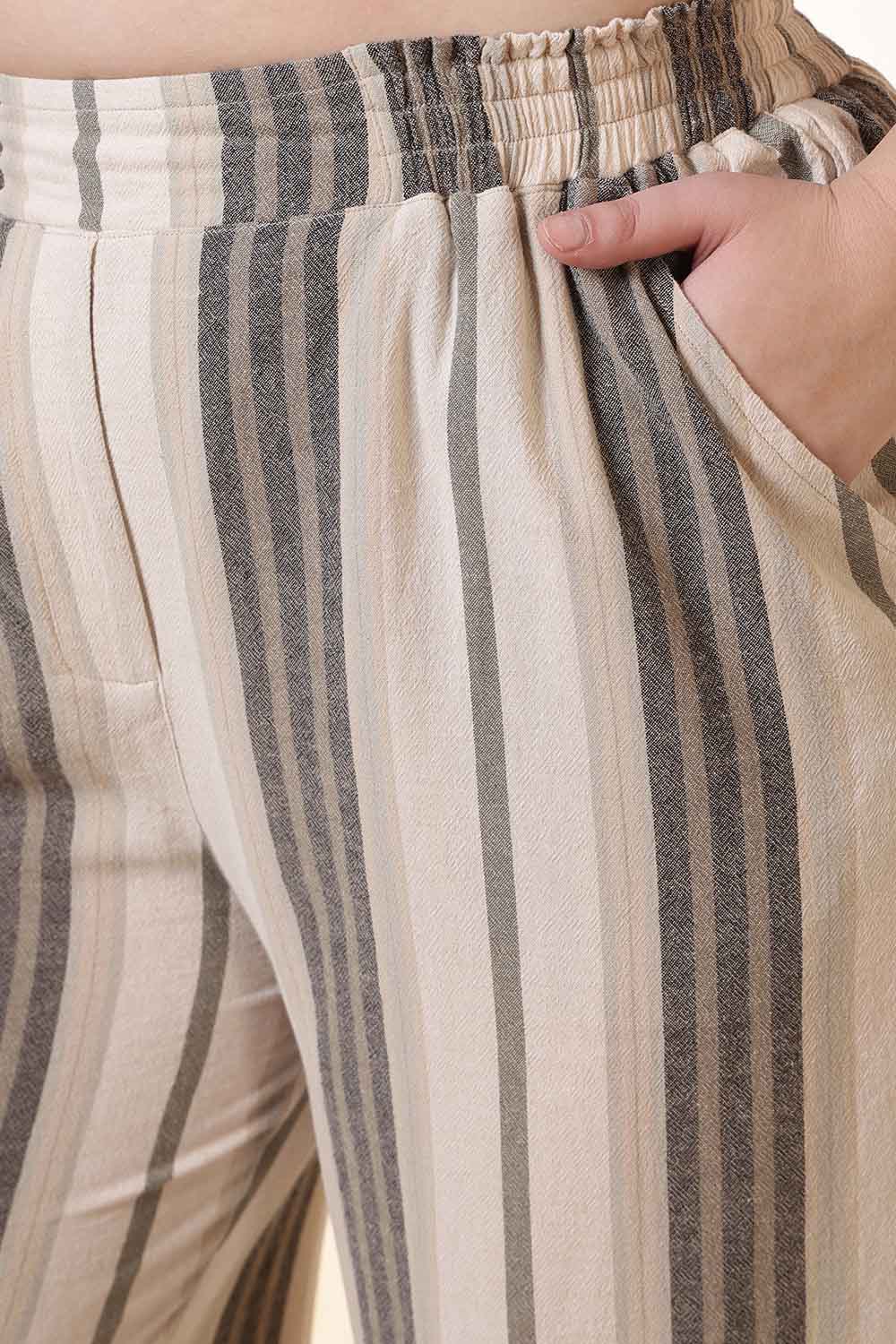 Plus Size Beige & Grey Striped Cotton Shirt Coord Set