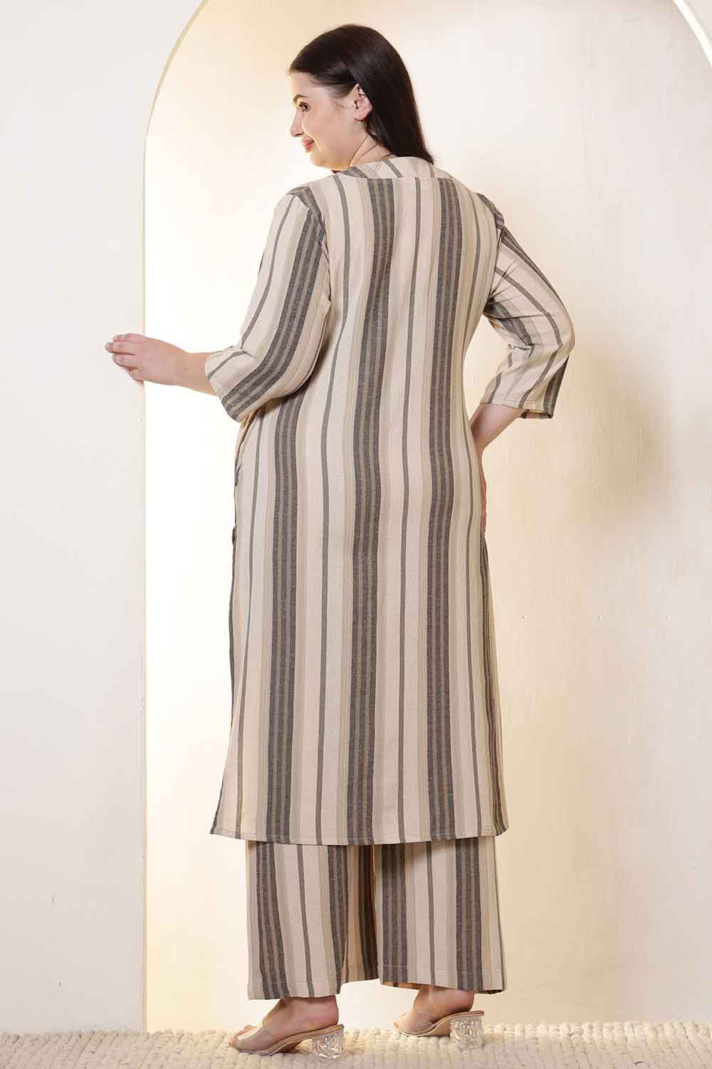 Comfortable Plus Size Beige & Grey Striped Cotton Kurta Coord Set