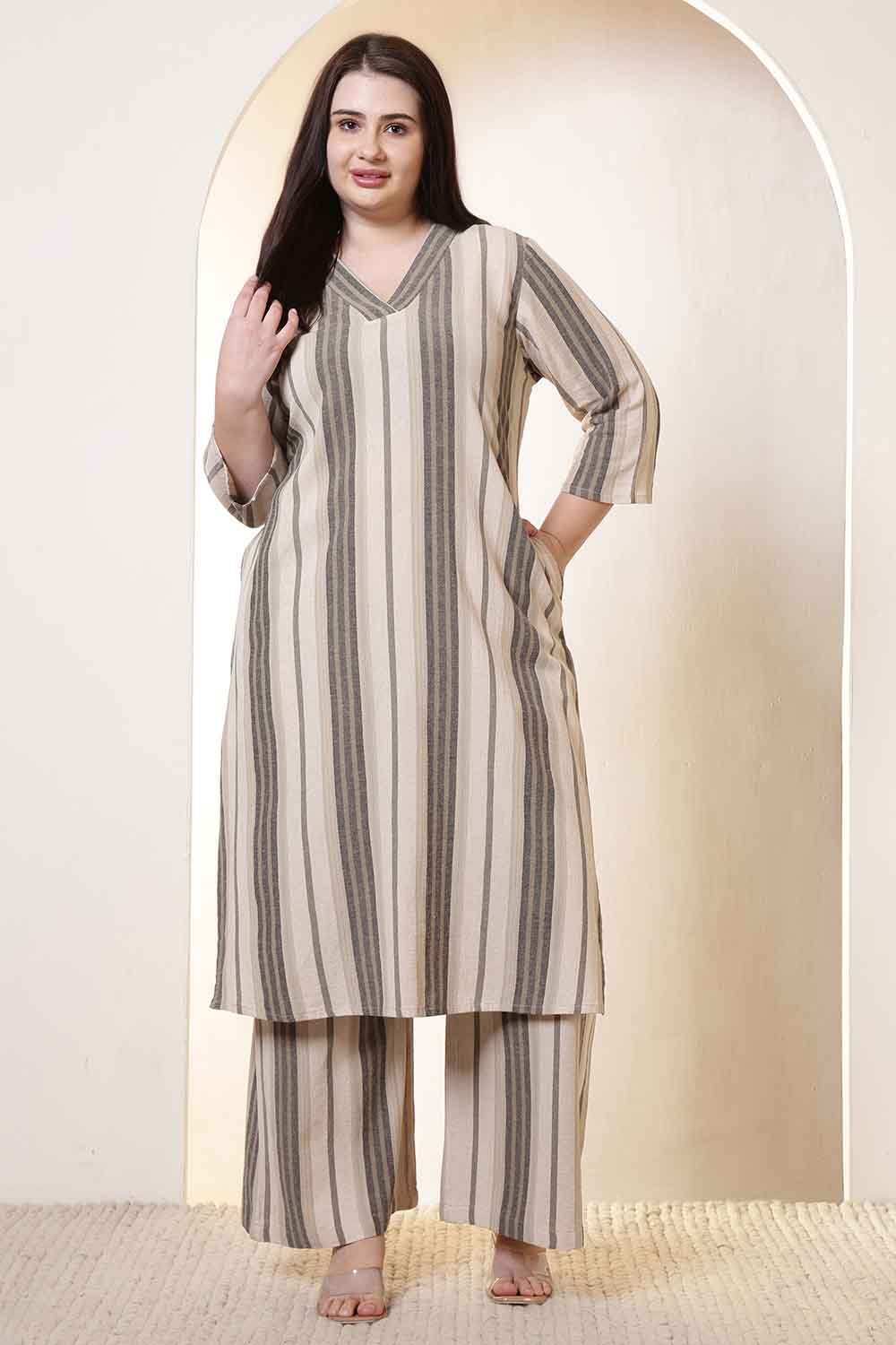 Plus Size Plus Size Beige & Grey Striped Cotton Kurta Coord Set