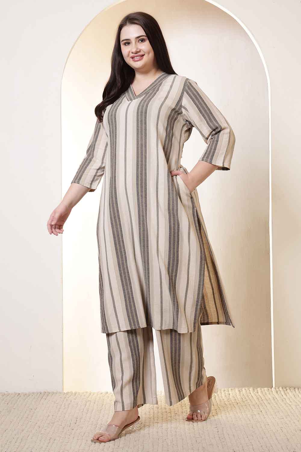 Plus Size Beige & Grey Striped Cotton Kurta Coord Set for Women