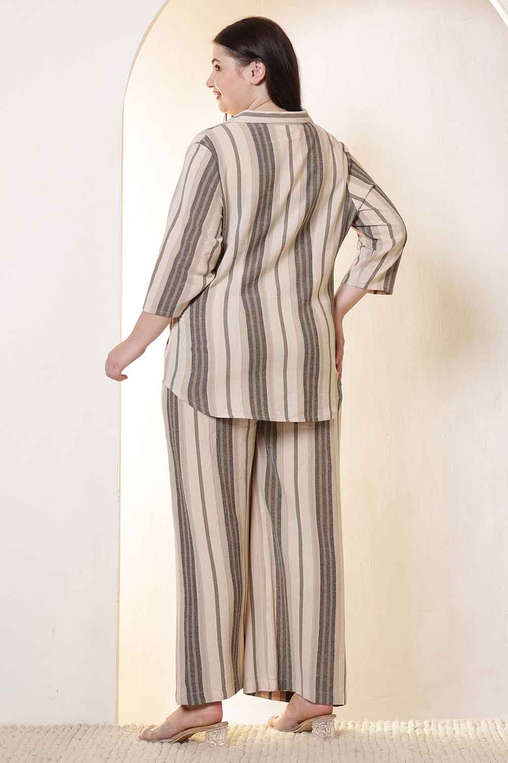 Comfortable Plus Size Beige & Grey Striped Cotton Shirt Coord Set