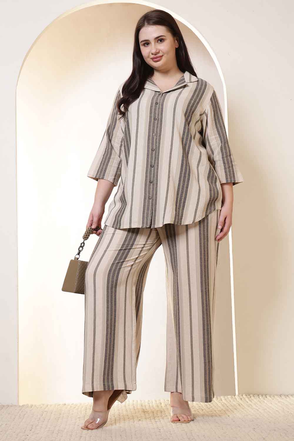 Plus Size Olive Striped Cotton Shirt Coord Set