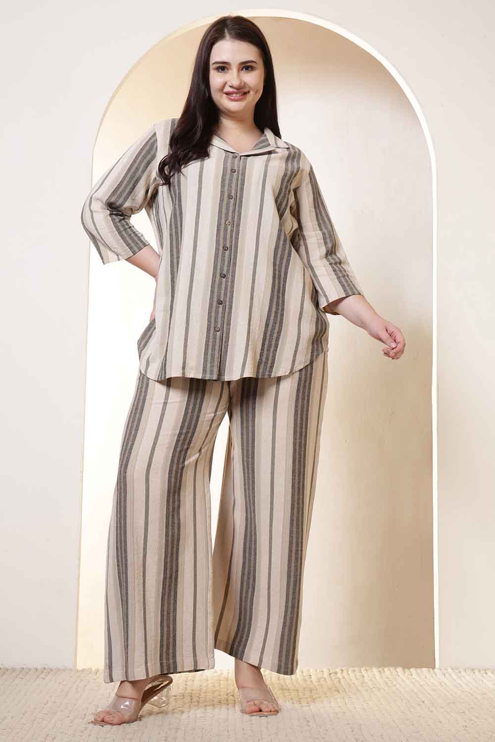 Plus Size Olive Striped Cotton Shirt Coord Set