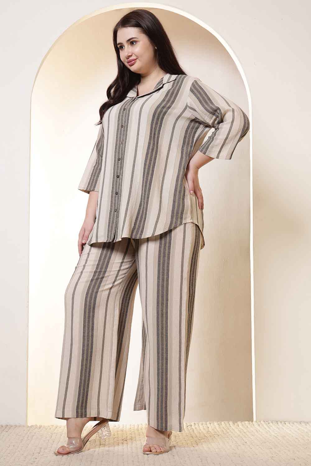 Plus Size Beige & Grey Striped Cotton Shirt Coord Set for Women